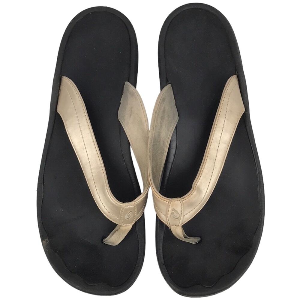 Olukai Ohana Flip Flop Thong Sandal Champagne Gold Black Womens Sz 11 20110-FA40